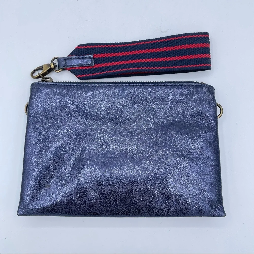 Anthropologie Metallic Leather Clutch Wristlet OS Blue